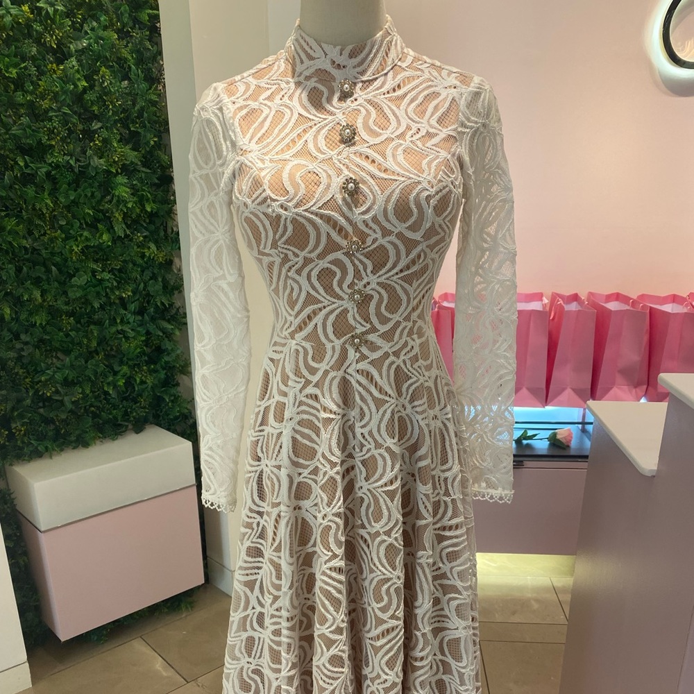Ivory high/low lace dress with champagne underneath